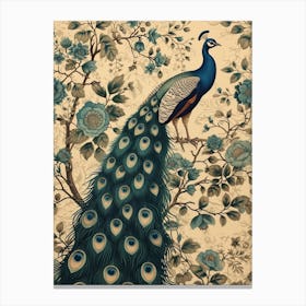 Vintage Peacock In A Tree Floral Wallpaper 3 Canvas Print