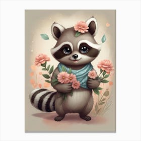 Vintage Raccoon With Flowers Canvas Print