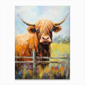Impressionism Style Painting Of Highland Cow By Fence Canvas Print