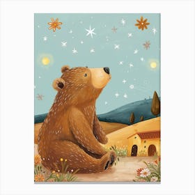 Brown Bear Looking At A Starry Sky Storybook Illustration 1 Canvas Print