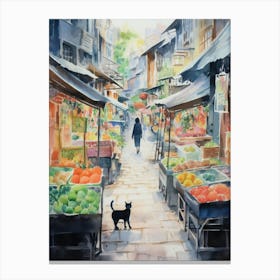 Food Market With Cats In Kyoto 1 Watercolour Canvas Print