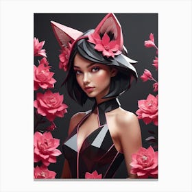 Low Poly Fox Girl,Black And Pink Flowers (21) Canvas Print