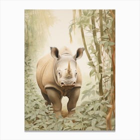 Vintage Illustration Of A Rhino Walking Through The Jungle 3 Canvas Print