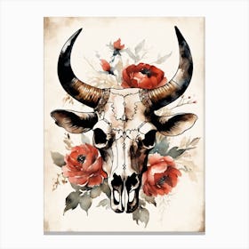 Vintage Boho Bull Skull Flowers Painting (5) Canvas Print
