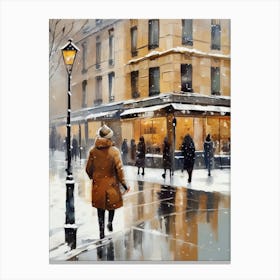 Paris cafes, winter season, Christmas, autumn oil colors, pale colors, pedestrians in the street, winter clothes, falling snow.Christmas decorations.9 Canvas Print