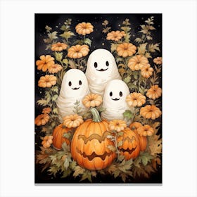 Cute Bedsheet Ghost, Botanical Halloween Watercolour 113 Canvas Print