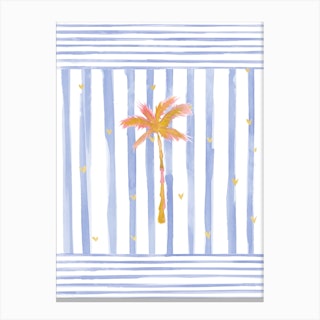 Orange Palm Blue Stripes Canvas Print