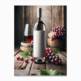 Wine Bottle, glass of red wine And Grapes On Wooden Background Canvas Print