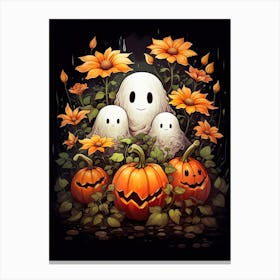 Cute Bedsheet Ghost, Botanical Halloween Watercolour 148 Canvas Print