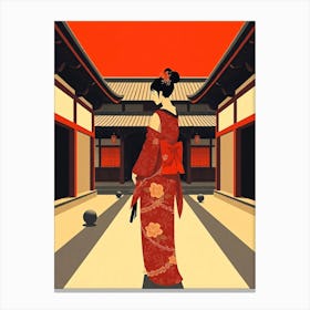 Geisha Woman in Red Kimono At A Yard Canvas Print