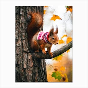 Closeup Of A Squirrel Wearing A Knitted Hat And Scarf Perched On A Branch Amidst Autumn Hued Tree Le Canvas Print