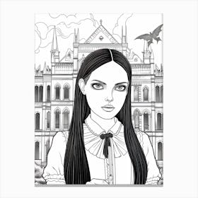 Nevermore Academy With Wednesday Addams Line Art 02 Fan Art Canvas Print
