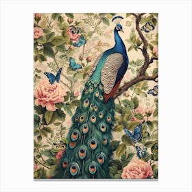 Pastel Peacock With Butterflies Vintage Wallpaper 4 Canvas Print