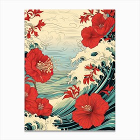 Great Wave With Hibiscus Flower Drawing In The Style Of Ukiyo E 1 Canvas Print