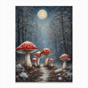 Cottagecore Toadstools in A Winter Forest - Acrylic Paint Mushrooms Art With Falling Snow at Night Scene on a Full Moon, Perfect for Witchcore Cottage Core Pagan Tarot Celestial Zodiac Gallery Feature Wall Christmas Yule Beautiful Woodland Creatures Series HD Canvas Print