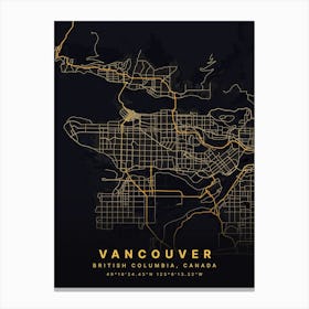 Vancouver British Columbia Canada Black And Gold Map Canvas Print