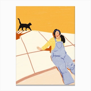 Black Cat And A Girl Canvas Print