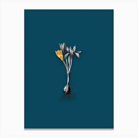 Vintage Autumn Crocus Black and White Gold Leaf Floral Art on Teal Blue n.0705 Canvas Print