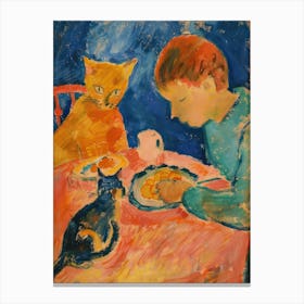 Portrait Of A Boy With Cats Having Dinner 5 Canvas Print