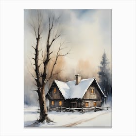 Rustic Winter Oil Painting Vintage Cottage (11) Canvas Print