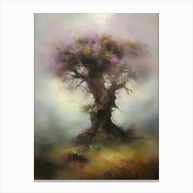 Oak tree, fine work of art, misty atmosphere, green meadow..22 Canvas Print