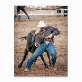 Cowboy Taming A Bull Canvas Print