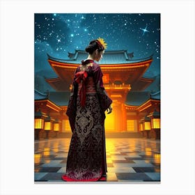 Geisha Woman In Kimono At Night Canvas Print