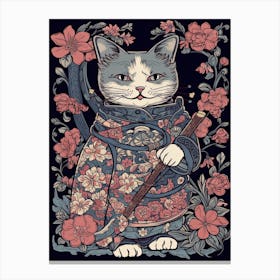 Cute Samurai Cat In The Style Of William Morris 5 Canvas Print