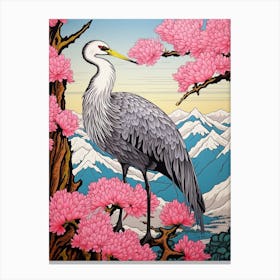 Pink Blossoms And Crane 1 Vintage Japanese Botanical Canvas Print