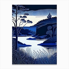 Blue Lake Landscapes Waterscape Linocut 1 Canvas Print