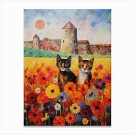 Two Cats And A Medieval Fortress Behind Canvas Print