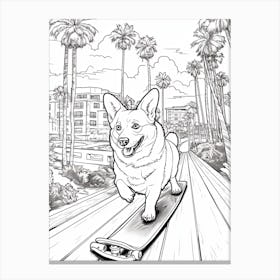 Corgi Dog Skateboarding Line Art 2 Canvas Print