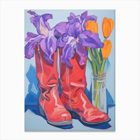 A Painting Of Cowboy Boots With Purple Lilac Flowers, Fauvist Style, Still Life 4 Canvas Print