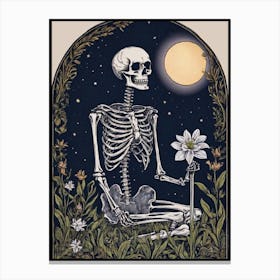 Where Art Thou Beautiful? Romantic Skeleton Gentleman Waiting For His Lover Under The Pale Moonlight - Vintage Folk Line Art Botanical Gothic Full Moon Pagan Witchy Midnight Celestial Stars Artwork For Gothic Witch Macabre Feature Gallery Wall - The Lovers, The Kiss Inspired Till Death Do Us Part Canvas Print