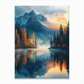 Serene Mountain Landscape At Sunrise – Misty Reflections Nature Art Print Canvas Print