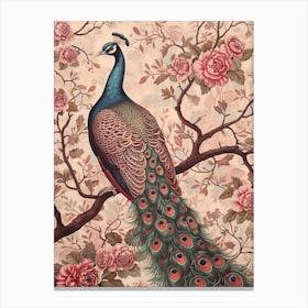 Blush Pink Floral Peacock Wallpaper Canvas Print