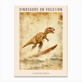 Vintage Carnotaurus Dinosaur On A Surf Board 1 Poster Canvas Print