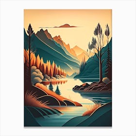 River Waterscape Retro Illustration 1 Canvas Print