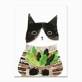 Black And White Cat Eating Salad Folk Illustration 4 Canvas Print