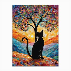 Meow Meow What a Sunset - Beautiful Rainbow Mosiac of Whimsical Black Cat Watching the Sun Set Whimsy Kitty Art for Cat Lover, Cat Lady, Chakra Pride Pagan Witch Colorful HD Canvas Print