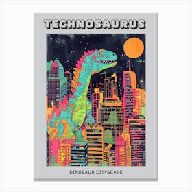 Dinosaur Teal Orange Pink Cityscape Poster Canvas Print