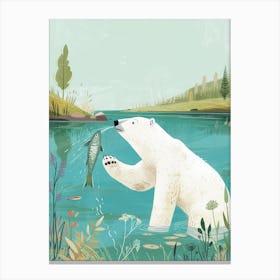 Polar Bear Catching Fish In A Tranquil Lake Storybook Illustration 2 Canvas Print