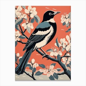 Vintage Bird Linocut Magpie 3 Canvas Print