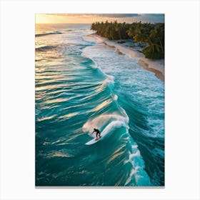 Capture An Aerial Perspective Of A Daring Surfer Confidently Riding The Islands Largest Wave On A S (3) Canvas Print