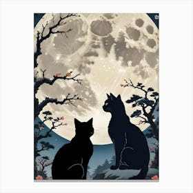 Two Black Cats Silhouetted Under A Full Moon With Japanese Style Trees Canvas Print