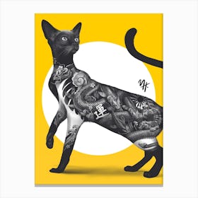 Japanese Cat Tattoo Yellow Canvas Print