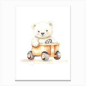 Baby Polar Bear On A Toy Car, Watercolour Nursery 2 Canvas Print