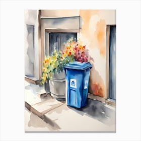 Watercolor Of A Blue Trash Can Canvas Print