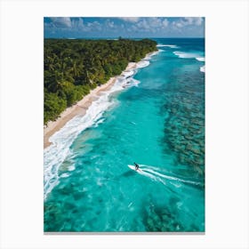 Aerial Drone Photography Capturing A Surfer Riding A Wave Near A Lagoon On A Tropical Coastline San Canvas Print