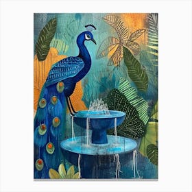 Linework Leaves & Peacock In A Fountain Canvas Print